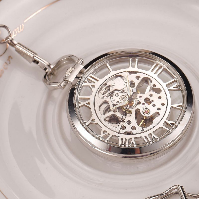 Mehrfarbige, komplett silberne Taschenuhr mit römischem Zifferblatt, gerade, transparent, manuell, mechanisch, große Uhr_voghion.com