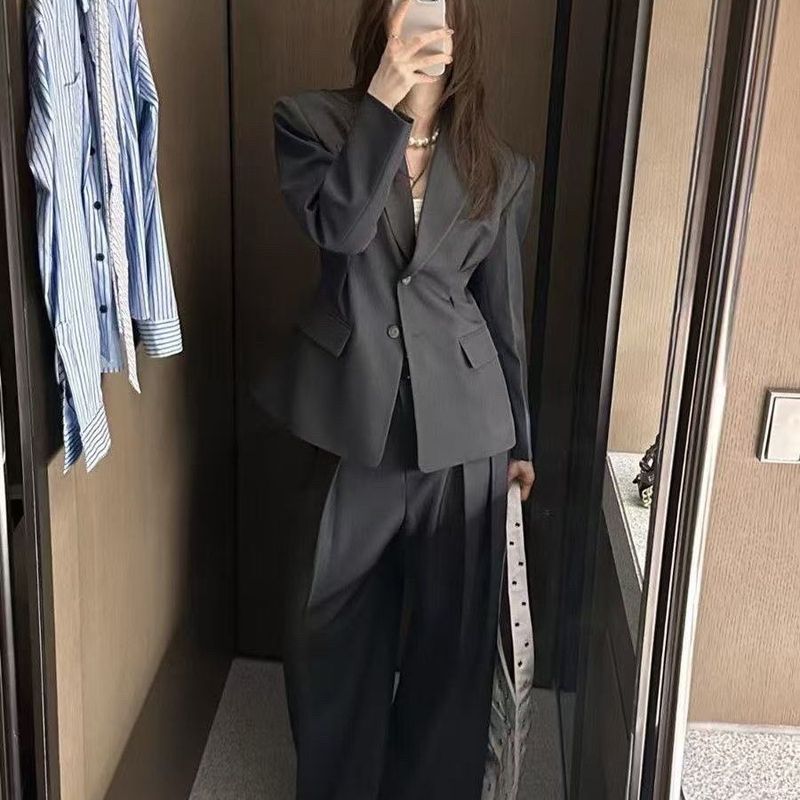Kadınlar için Bahar Yeni Rahat İşe Gidiş-Dönüş Şık Üst Sınıf Takım Elbise Geniş Paça Pantolon İki Parçalı Set_voghion.com