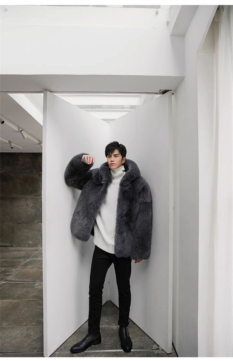 Modischer Kunstpelzmantel mit Kapuze für Herren – Toskana-inspirierte Winterjacke für Jugendliche (Grau & Schwarz, trendiger Streetwear- & Casual-Style)_voghion.com