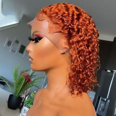 12A Deep Wave Curly Bob #350 Orange Perücke mit 13*4 Frontal Echthaar Perücke_voghion.com