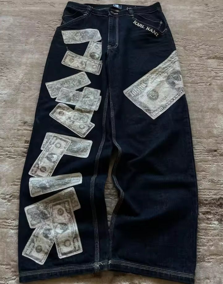 Streetwear Baggy Jeans mit Geldschein-Print für Herren – Übergroße Hip-Hop-Jeans mit Dollarschein-Design (hohe Taille, gerades Bein, Baumwollmischung, Schwarz)_voghion.com