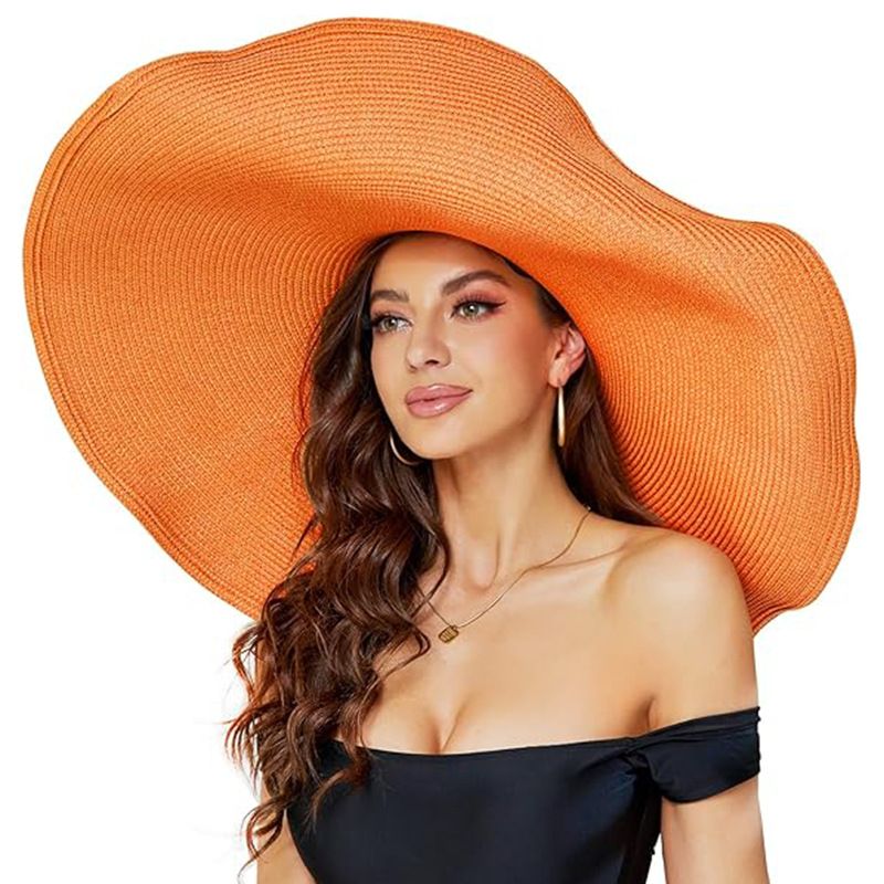Cappello da spiaggia da donna a tesa larga oversize alla moda in paglia da spiaggia, cappello da sole estivo in morbida pelliccia con bordo arricciato_voghion.com