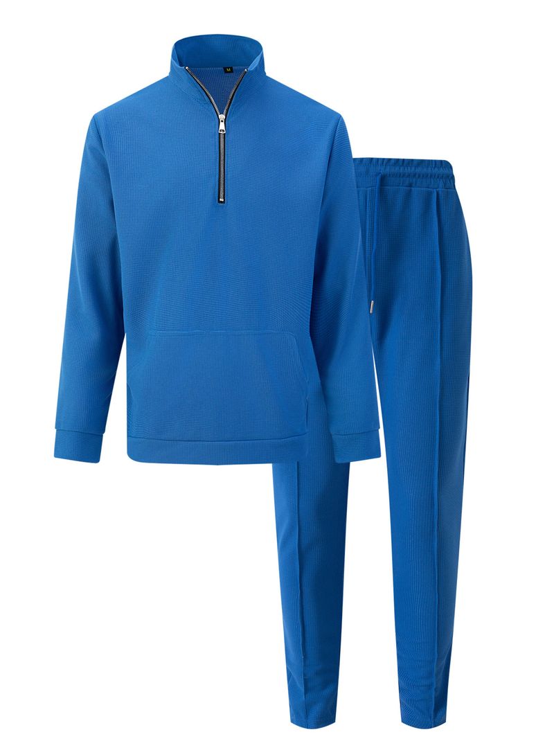 Herren-Set aus Waffelstrickpullover mit halbem Reißverschluss und Hose – lässiges Lounge-Outfit mit langen Ärmeln für den Herbst (Schwarz, Grau, Khaki, Weiß, Blau)_voghion.com