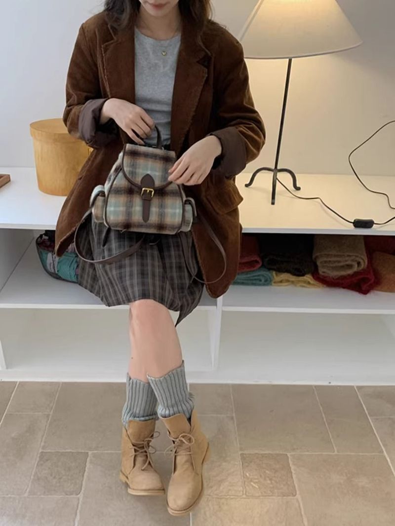 Vintage Woolen Velvet Whi Checkered Autumn Winr College Style Student Backpack For Women Commuting Simple British_voghion.com
