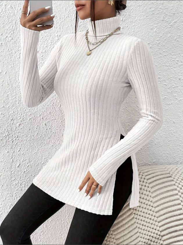 T-shirt da donna a maniche lunghe a coste, collo alto, orlo diviso, vestibilità attillata – Top casual in maglia elasticizzata Abbigliamento da donna_voghion.com