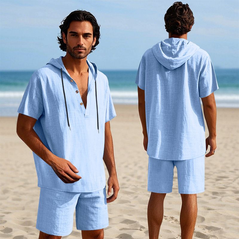 Completo da uomo in lino con camicia e pantaloncini - Completo casual estivo da spiaggia a maniche corte con vestibilità ampia_voghion.com