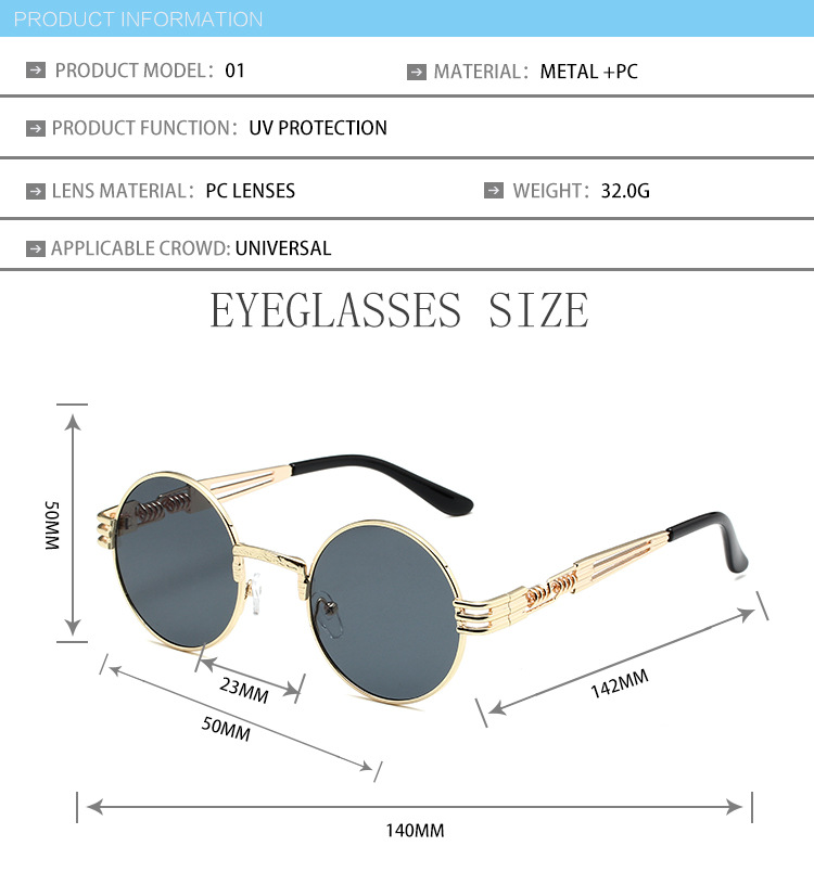 Occhiali da sole da uomo 8010, stile steampunk, con montatura rotonda retrò, occhiali da sole alla moda con gamba a molla in metallo_voghion.com