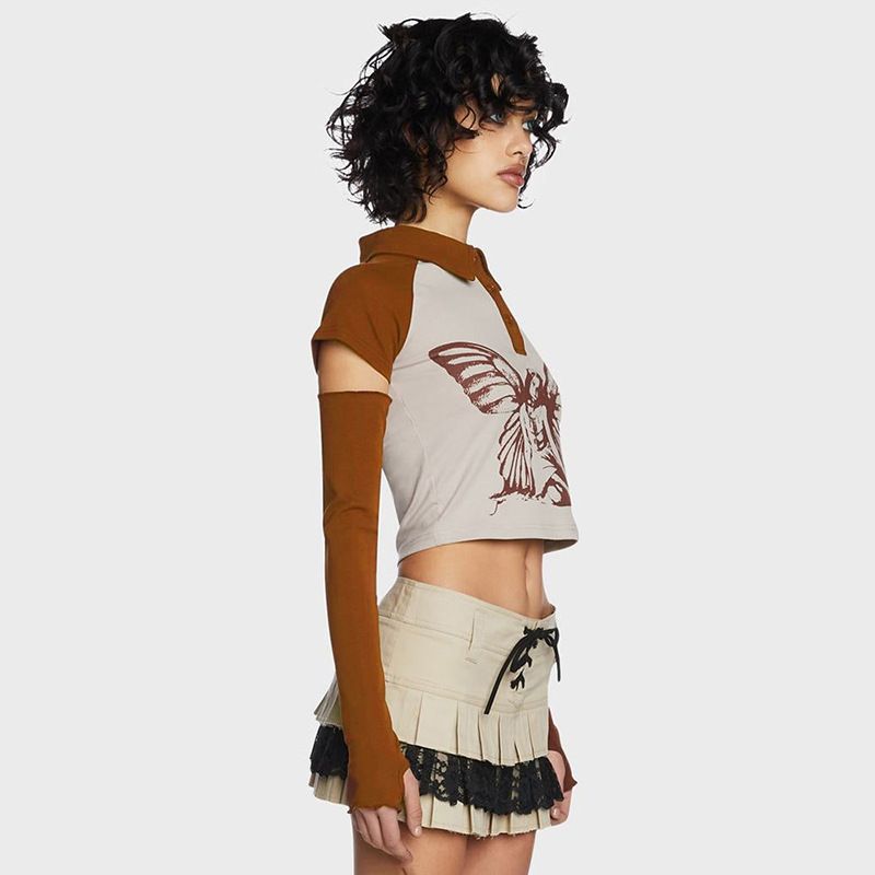 Q23TP274 Top de verano para mujer, personalizado, con cuello polo y hombros descubiertos, con estampado en contraste_voghion.com