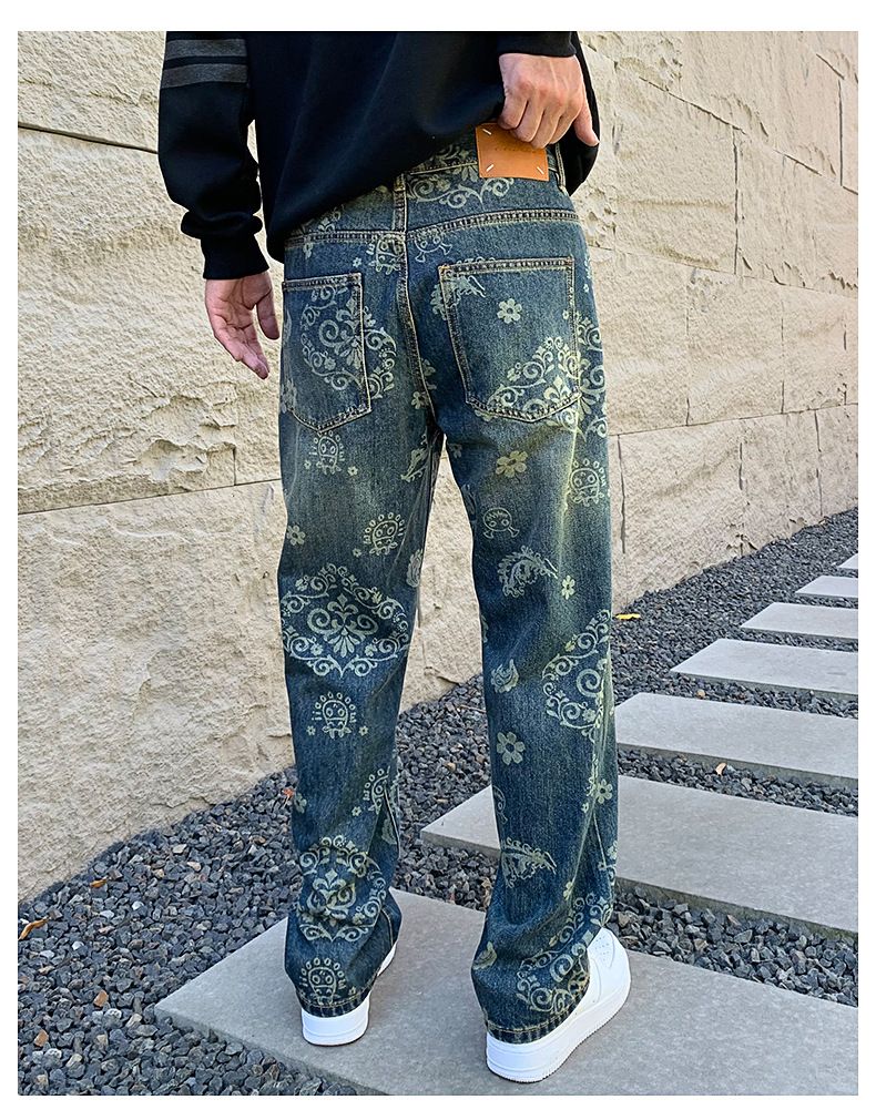 Men's Clothing Retro jeans men's fashion brand autumn and winter high street washed fashion print loose casual straight wide leg mopping trousers_voghion.com
