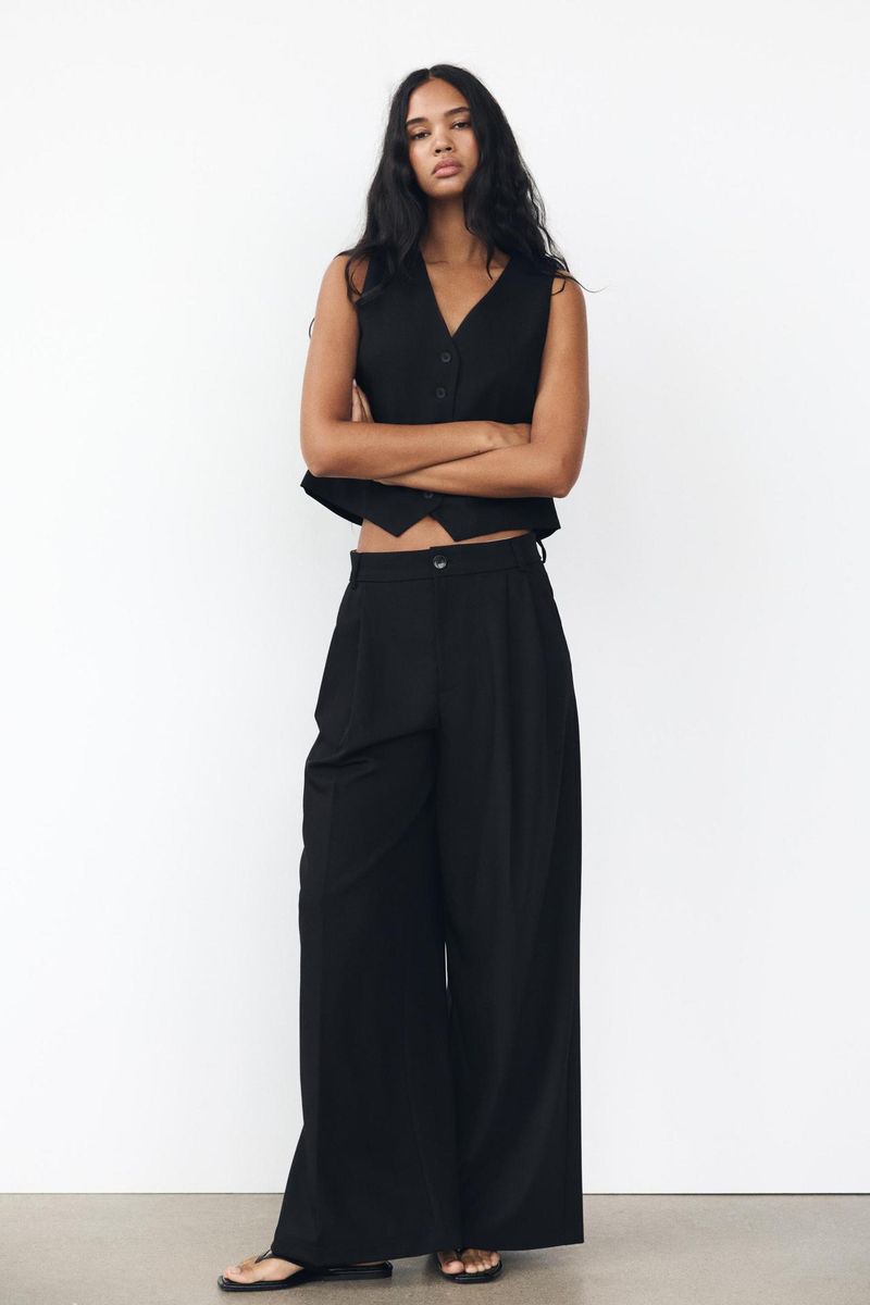 Ropa de mujer Otoño e invierno Nueva moda Trajes casuales Chaleco ajustado con cuello en V sin mangas Chaleco versátil Doble pliegue Cintura alta Pantalones anchos_voghion.com