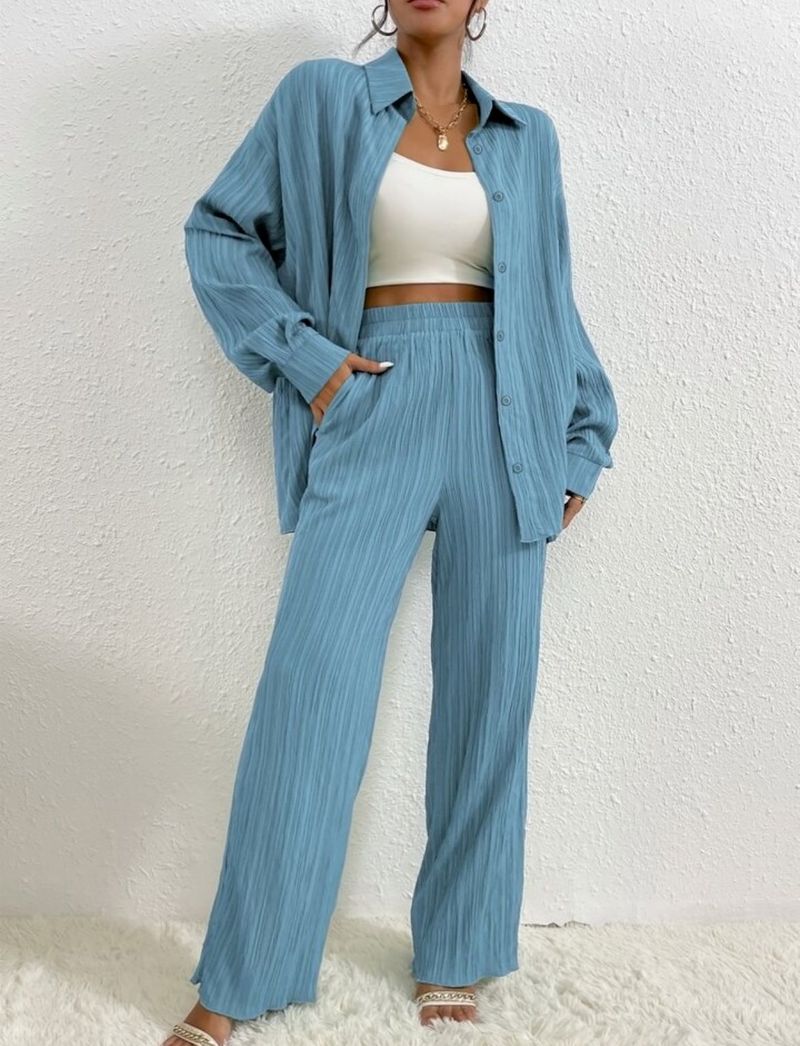 Ensemble deux pièces décontracté pour femmes européennes et américaines, couleur unie, drapé, ample, lisse, plissé, printemps et automne_voghion.com