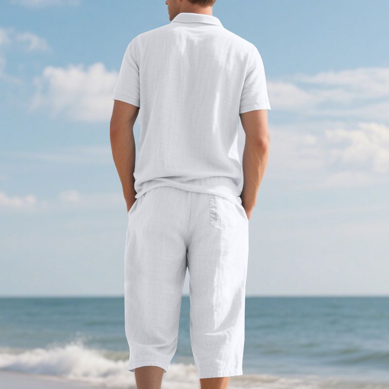 Polo da uomo estivo, casual, ampio, traspirante, in lino, con maniche corte e pantaloni a sette quarti_voghion.com