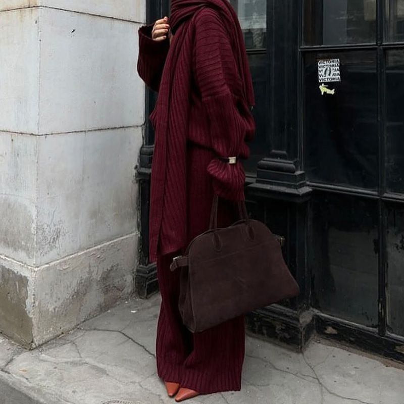 Oversized Knit Sweater & Scarf Set – Fall/Winter Women's Loungewear (Wine Red/Sage Green/Gray, S-L)_voghion.com