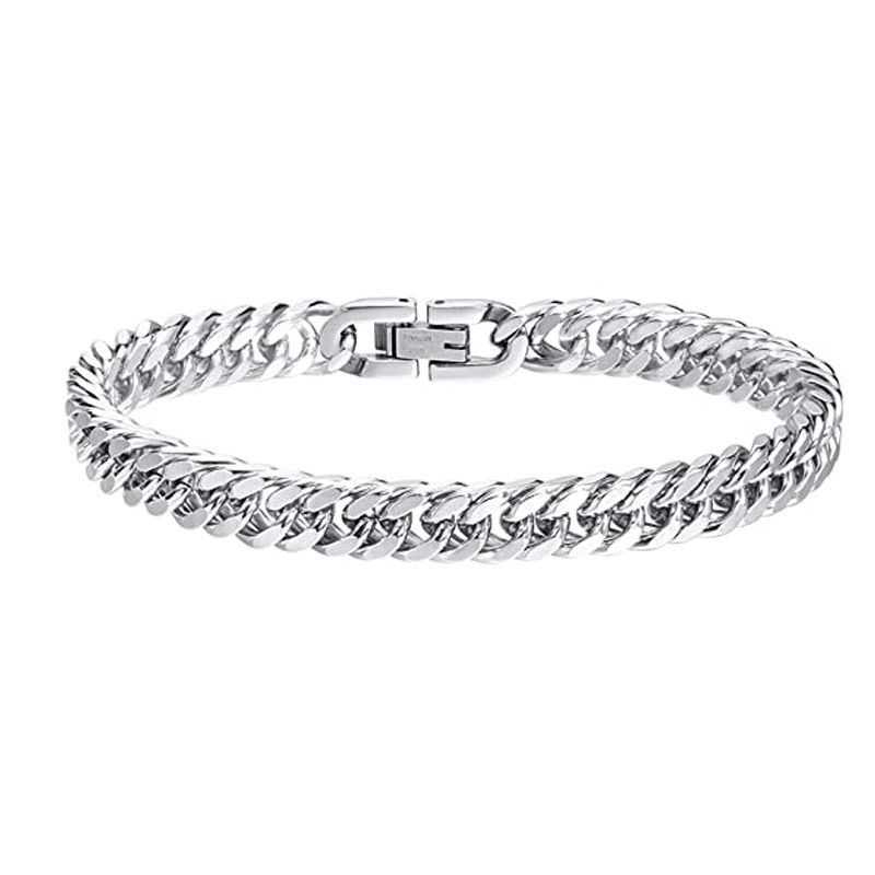 Hot Selling Stainless Encrypted Four-Sided Polished Double Weave Hip-Hop Titanium Steel Versatile Simple Cuban Bracelet_voghion.com