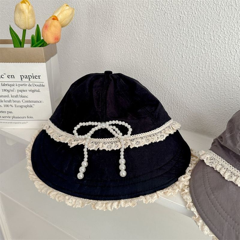 Cappello estivo con protezione solare, con fiocco, perla e catena, in pizzo e tesa larga, essenziale_voghion.com