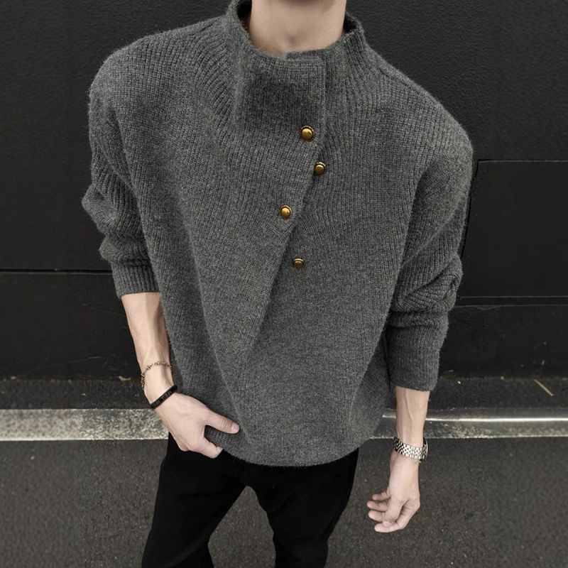 Pull col montant irrégulier à boutons pour homme, style automne-hiver, ample et décontracté, design de niche_voghion.com