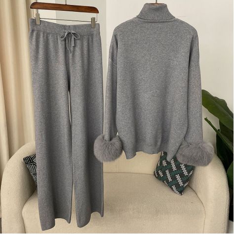 Ensemble en tricot avec poignets en fourrure de renard pour femme – Pull ample à col montant et pantalon large pour l'automne/hiver_voghion.com