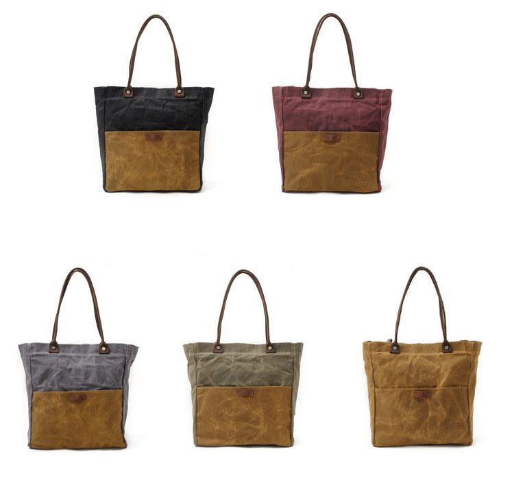 Korean style fashion new oil wax canvas women's bag simple waterproof cloth bag retro contrast color shoulder bag portable shopping bag_voghion.com