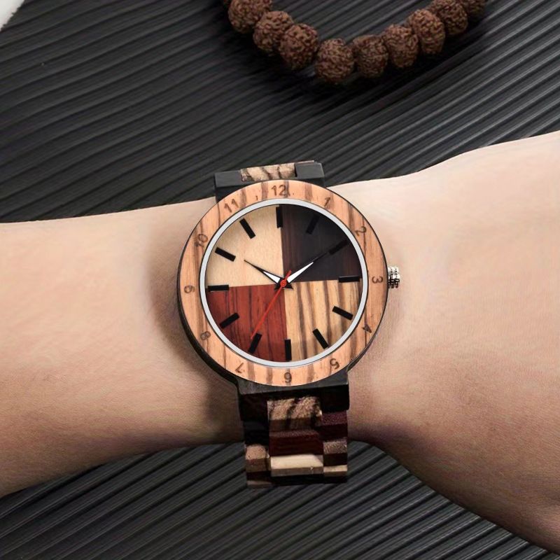 Heißer Verkauf Unisex Leuchtende Kreative Vier-Farben-Nähte Mode Quarz Holz Uhr_voghion.com