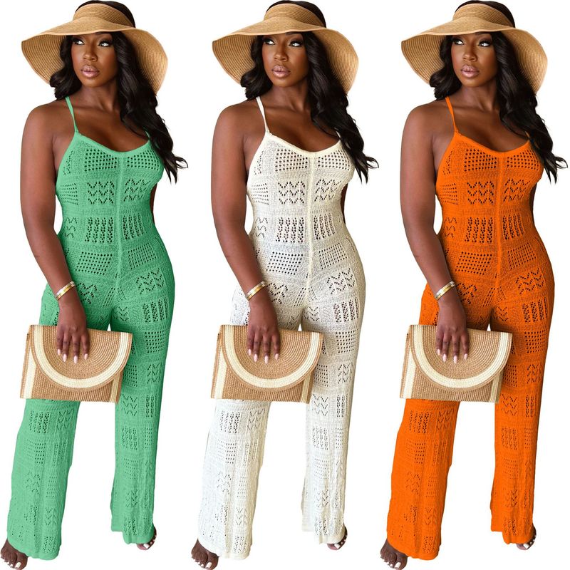 JP1096 Tuta da donna in maglia a tinta unita con spalline sexy e motivo geometrico cavo_voghion.com