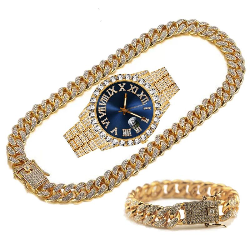 Hip Hop Watches Set Diamond Watch Bracelet Necklace Quartz Watch_voghion.com