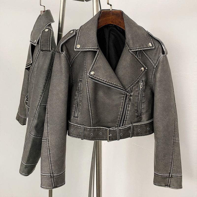 Trendige PU-Lederjacke für Damen, kurzer Mantel im Biker-Stil, modische, lockere Passform, lässige Oberbekleidung mit Reißverschluss in Schwarz, Aschgrau, Olivgrün, Himmelblau, Mandarine_voghion.com