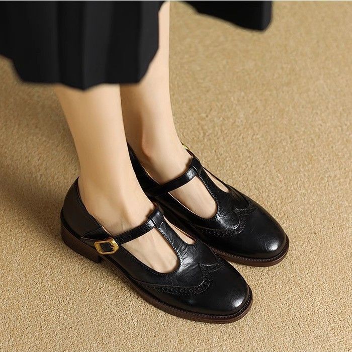 Mary Jane For Women 2025 New Soft Leather Brogue British Style Loafers Chunky Heel Single Shoes_voghion.com