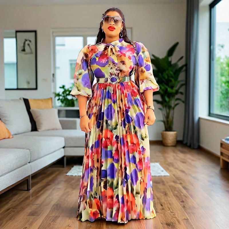 Women's Clothing Scarf Collar Temperament Puff Sleeve Waist Print Design Dress_voghion.com