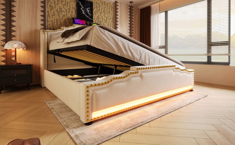 Lit double 140 x 200 cm avec coffre hydraulique, éclairage LED et port de charge USB-C, lit coffre avec sommier à lattes, velours beige, matelas inclus_voghion.com