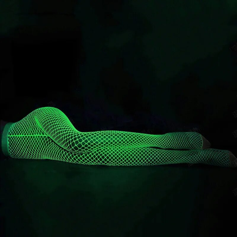 Calze lunghe da donna fluorescenti notturne Calze a rete per il corpo Curve Lingerie Y2k Tessuto a rete Vita alta Collant sessuali Sexy_voghion.com