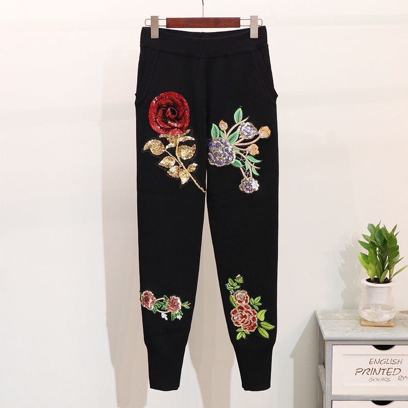 Damen-Pullover mit Pailletten und Blumen, langärmelig, Pullover, Hose mit kleinen Beinen, modischer Anzug für Damen_voghion.com