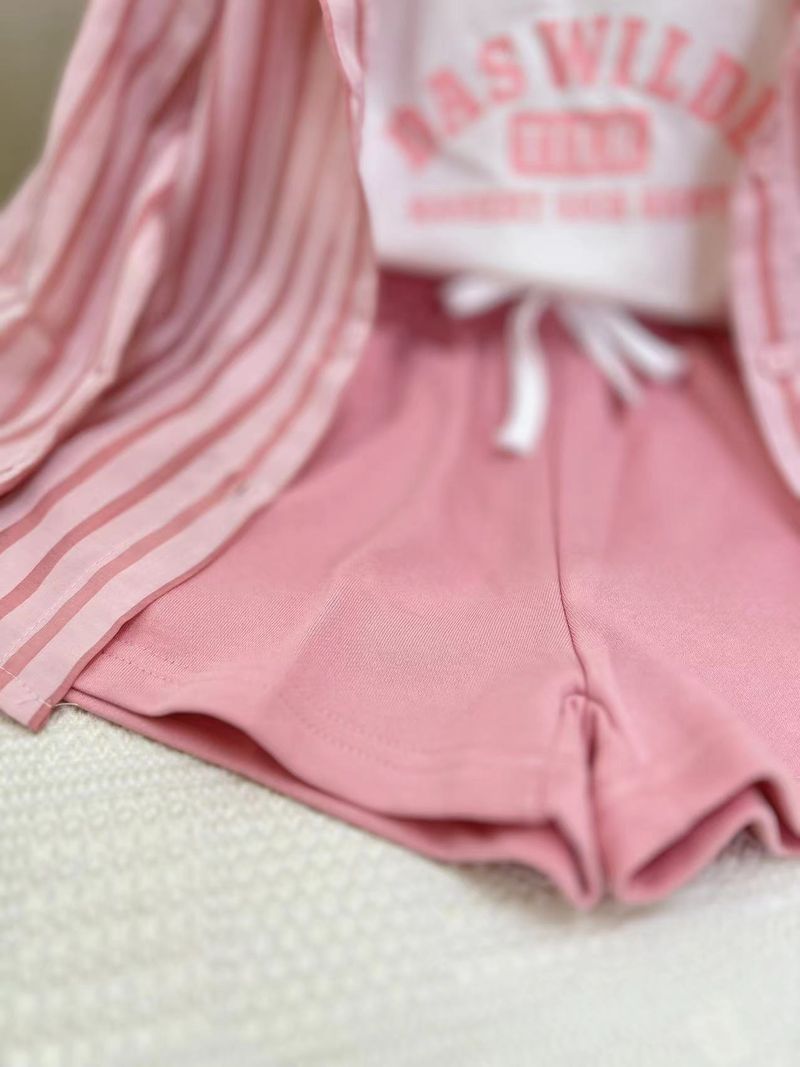 Kid's Clothing 2024 early autumn new girls' casual striped sunscreen shirt stylish vest shorts three piece set_voghion.com