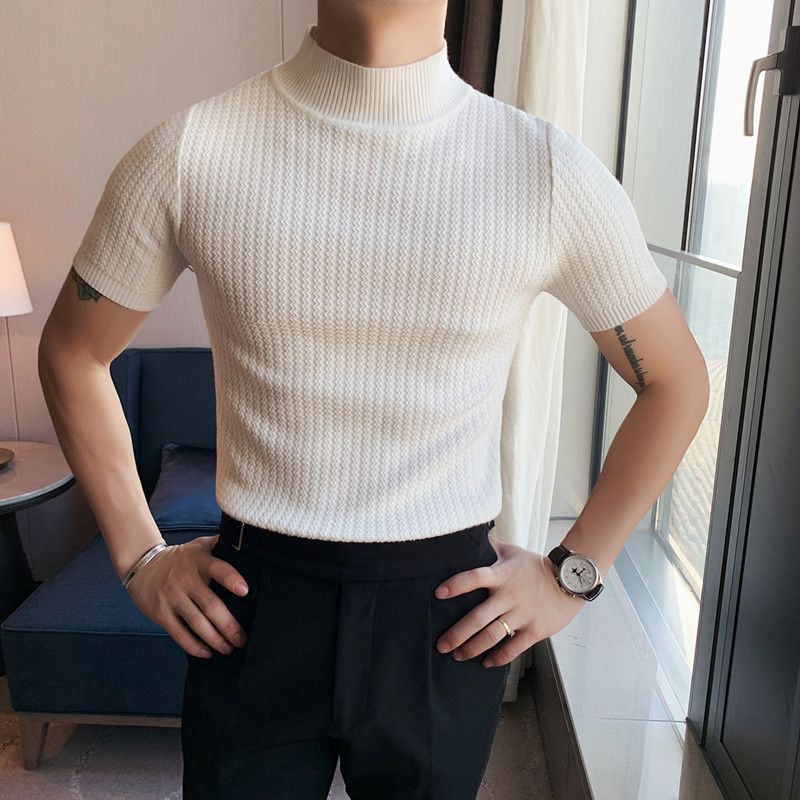 Frühling Herren Slim Fit Halbrollkragen Lässige Mode Hübsches T-Shirt Mittelhals Kurzarm Strickpullover Basis_voghion.com