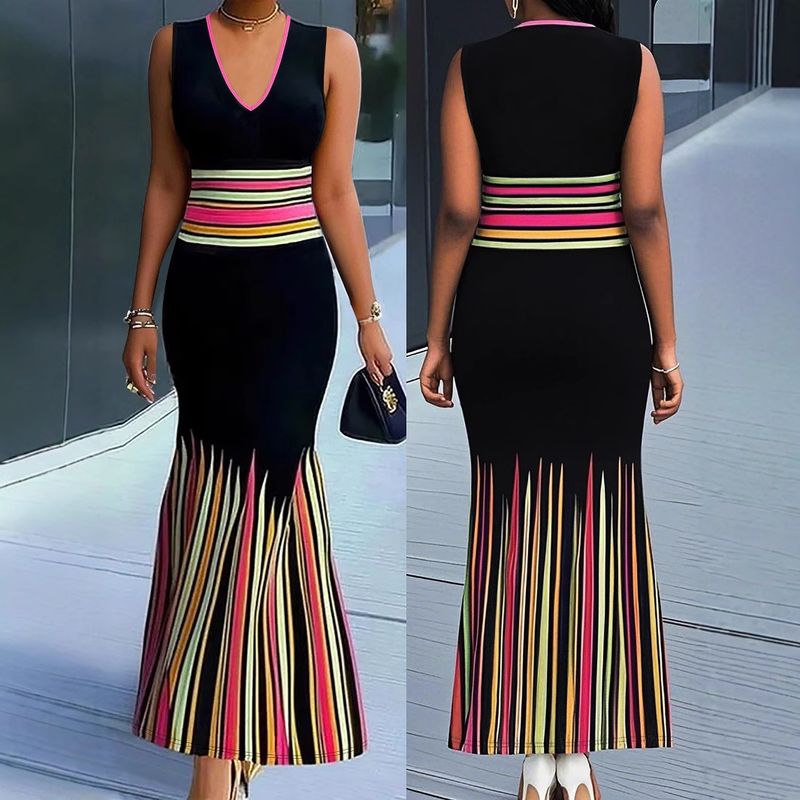 GraceChic – Elegantes, ärmelloses, tailliertes, langes Kleid in Übergröße mit V-Ausschnitt für Damen im europäischen und amerikanischen Stil._voghion.com