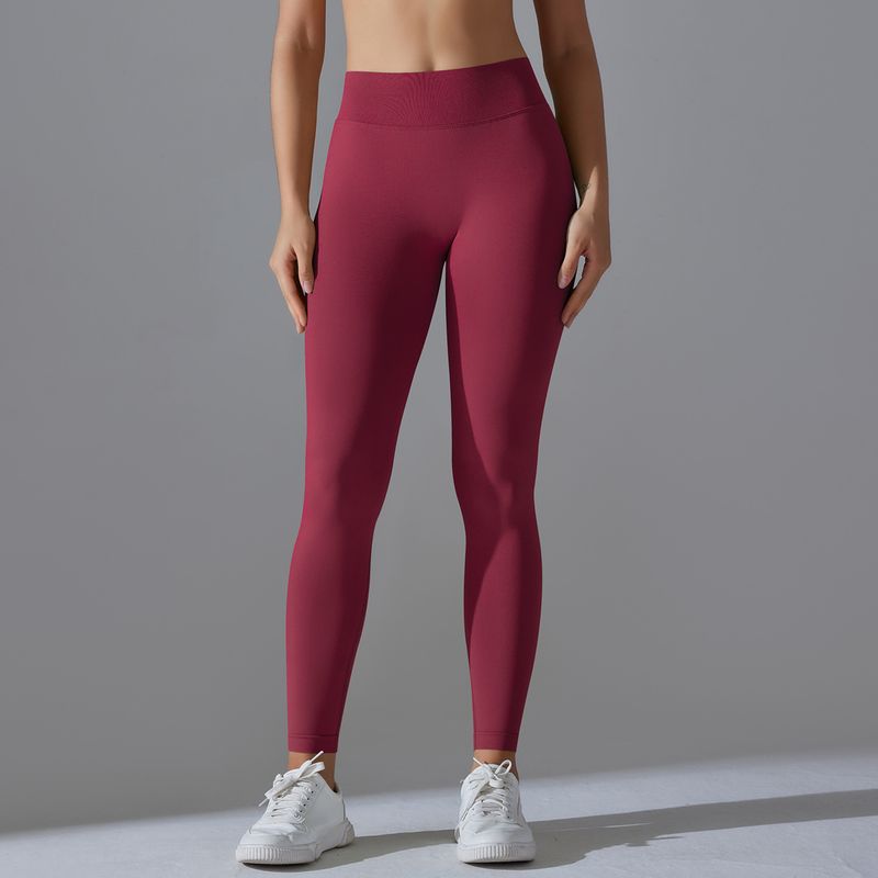 Brezšivne pletene enobarvne oprijete hlače z visokim pasom, breskve, v-pasu, joga športne tekaške hlače za fitnes_voghion.com