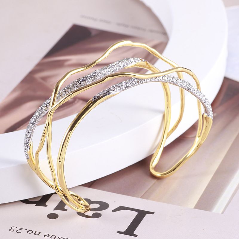 Shiny Jewelry Inlaid With Diamonds Irregular Lines Wrapped Color Block Creative Personality Wide Bracelet For Women_voghion.com