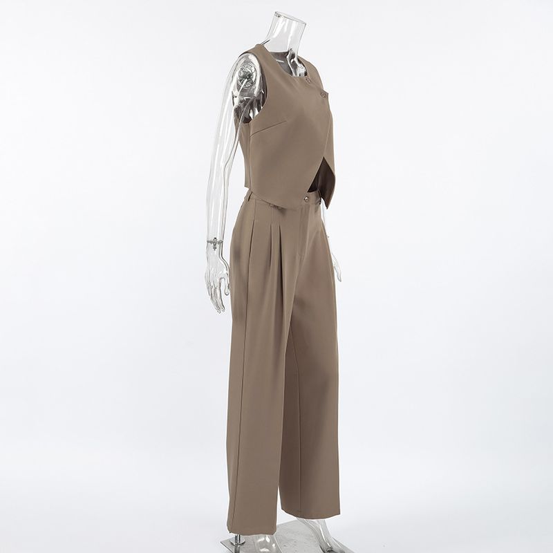 Damenbekleidung Lässiger Khaki-Mode-Temperament Ärmellose Weste Hosenanzug Frühling und Sommer All Match Hohe Taille Zweiteiliger Anzug für Frauen_voghion.com