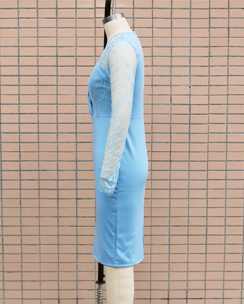 Women's Deep V Neck Long Sleeve Lace Patchwork Slim Fit Hip Wrap Dress_voghion.com