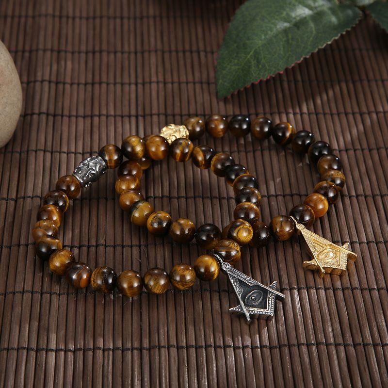 Pulsera de cuentas de ágata negra con microincrustaciones de circonita y corona, cruz masónica y piedra de ojo de tigre para hombre._voghion.com