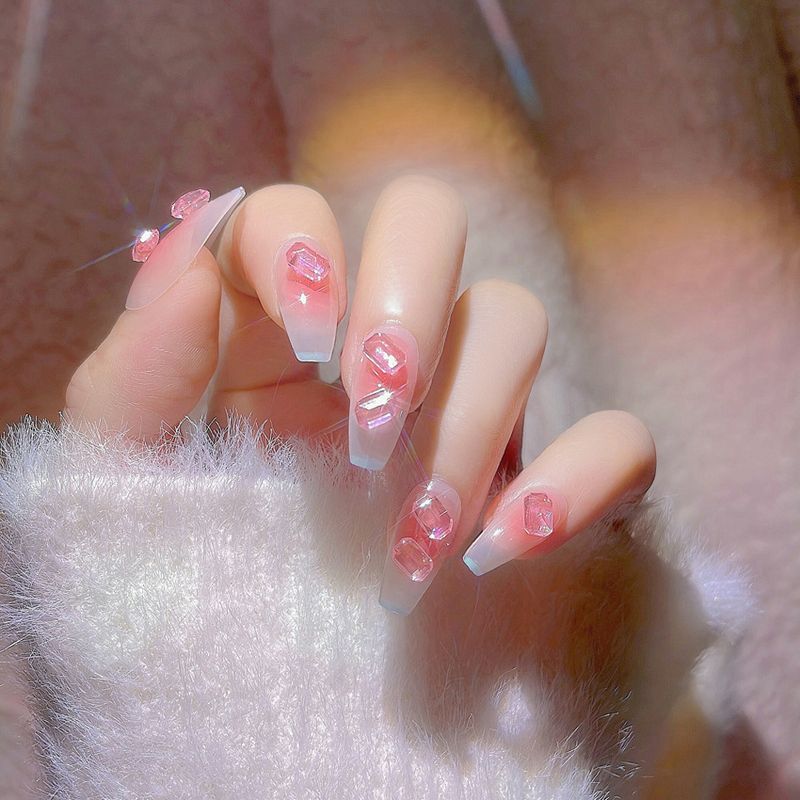 Blush em pó curto Hot Rock Candy Sugar Manicure Finished Fairy Sweet Square Diamond Wear Nail Enhancement Y53_voghion.com
