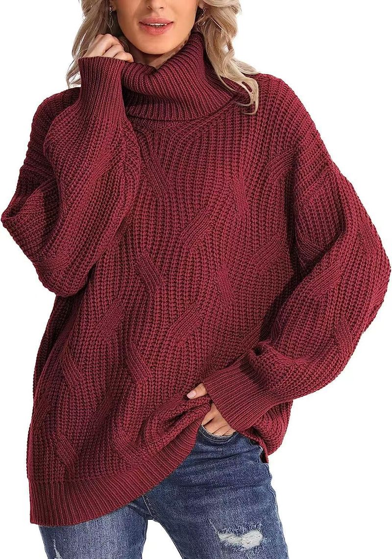 Women's Oversized High-Neck Cable Knit Sweater - Elegant Batwing Sleeve Pullover For Autumn & Winter, Soft & Breathable In 10 Versatile Colors_voghion.com