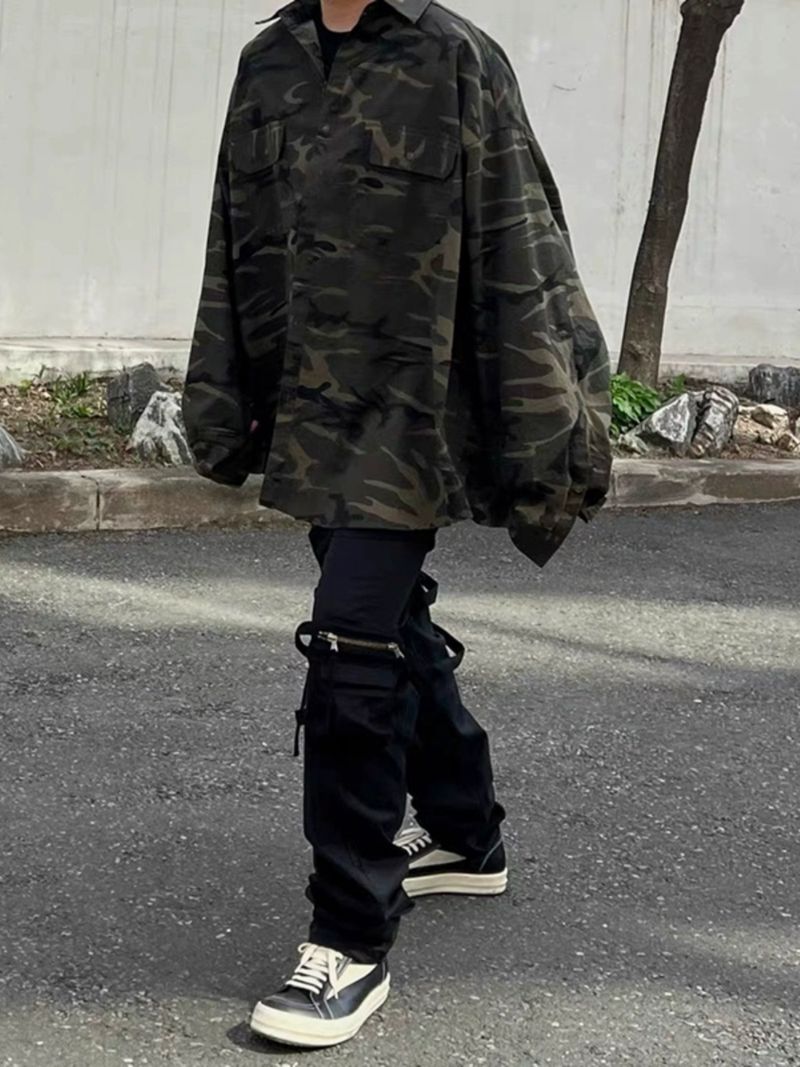 Damenbekleidung Trendy Brand Military Green Camouflage Washed Old Jacket mit Patch auf dem Rücken Revers Langarmhemd für Männer und Frauen Vibe Style_voghion.com