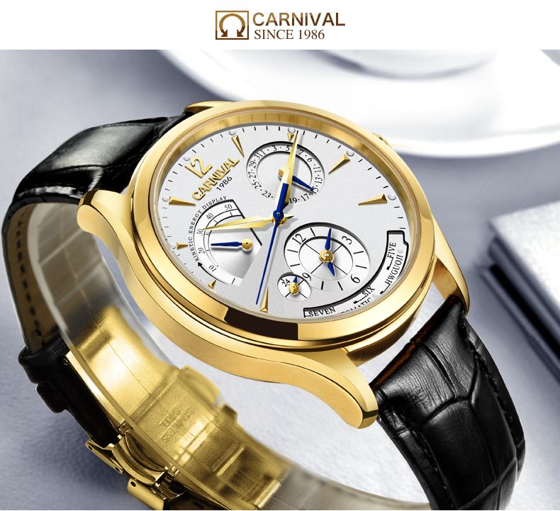 CARNIVAL Second Time Zone Kinetic Energy Display Watch Men Sapphire Automatic Mechanical Watches Man Watch Leather Waterproof_voghion.com