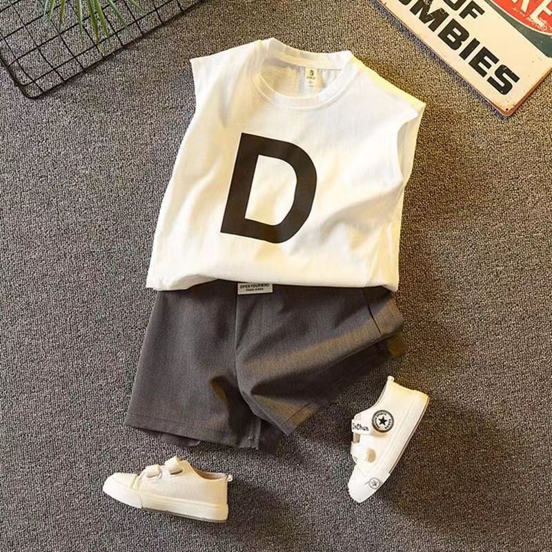 Set da bambino in cotone sottile con gilet e lettere, pantaloncini casual, alla moda, alla moda, alla moda, all'ingrosso_voghion.com