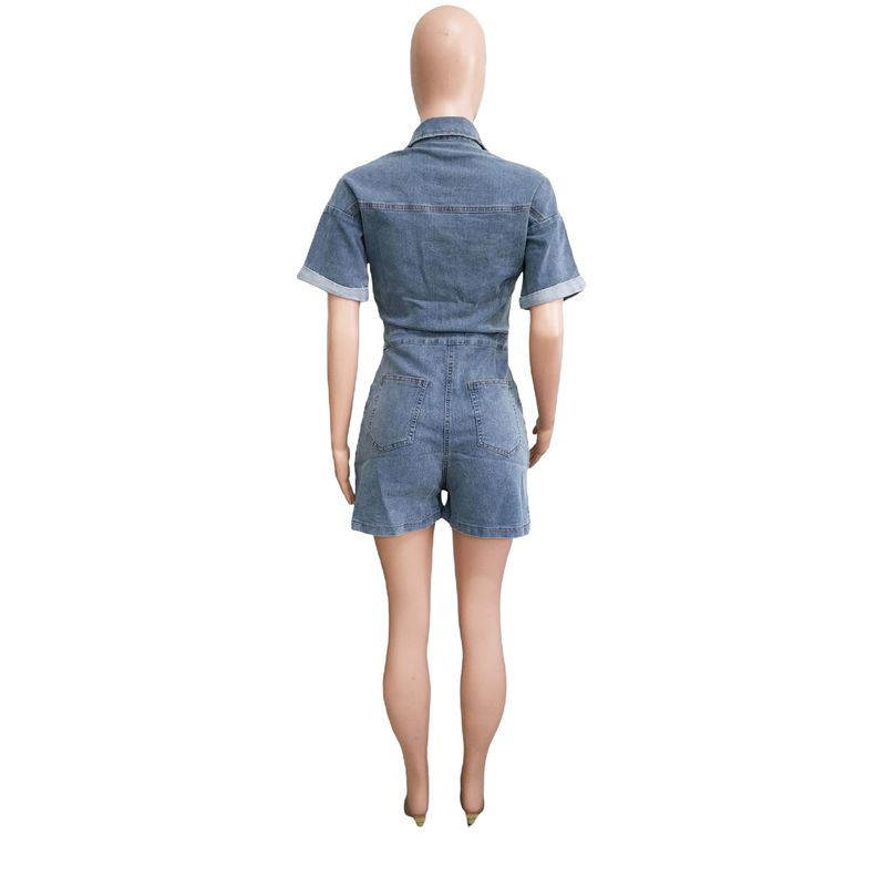 Salopetă din denim spălat, cu mânecă scurtă și elastică, lejeră, pentru femei_voghion.com