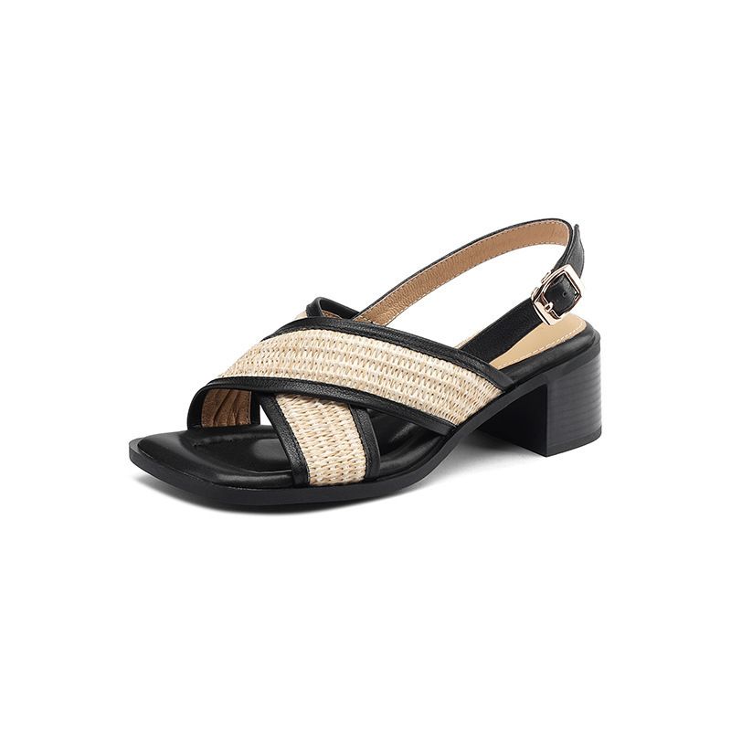 Stepping On Clouds~ Klobige Sandalen für Damen, Sommer, neue Farbblock-Kreuzriemen, weiche Sohle, mittelhoher Absatz, römische Schuhe_voghion.com