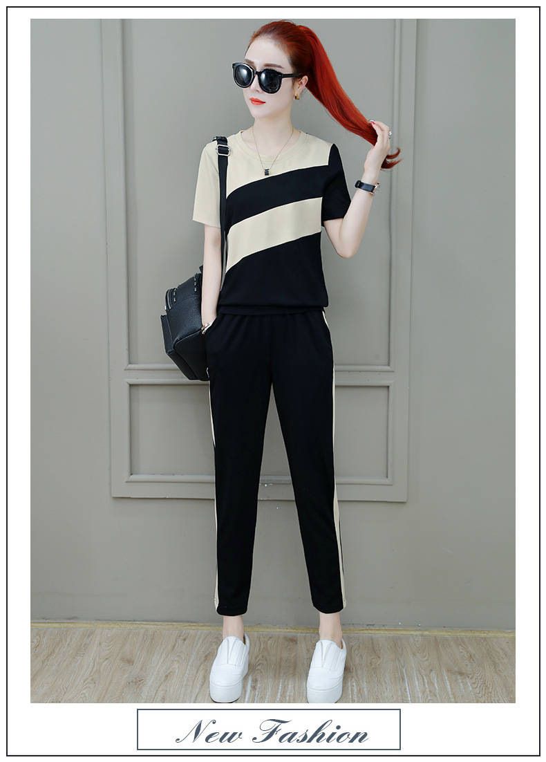 2025 Summer Women's Korean Style Loose Plus Size Color Block Short Sleeve T-Shirt And Long Pants Running Casual_voghion.com