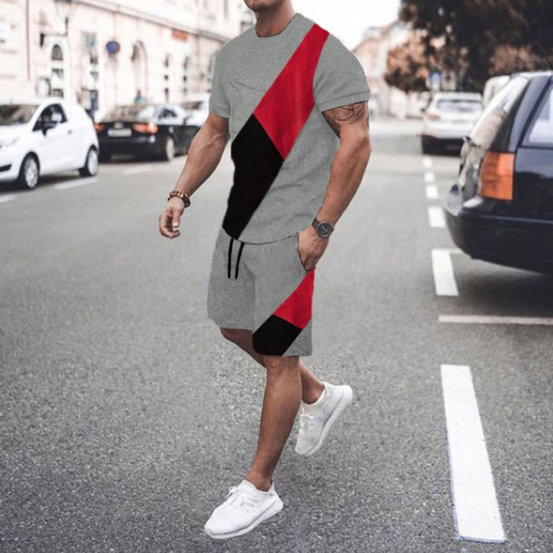Fashion Sports Men's Round Neck High Elasticity Muscle Short Sleeve Multi Color Splicing Set_voghion.com