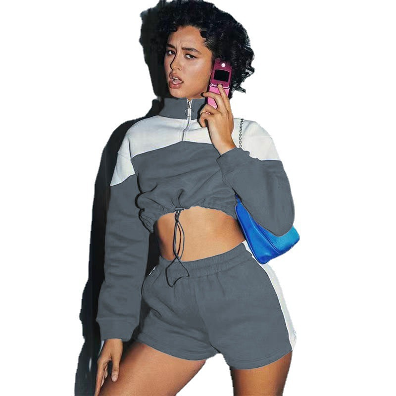 Women's Clothing color-blocked drawstring casual shorts women's sweatshirt set two-piece set_voghion.com