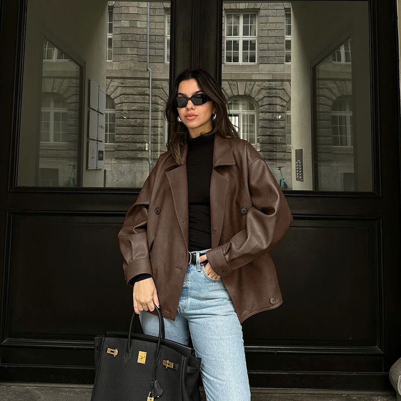 Giacca in pelle marrone vintage da donna - Cappotto in PU con risvolto oversize, capospalla invernale retrò chic_voghion.com